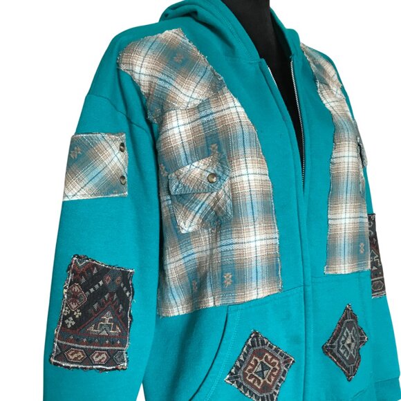 Upcycled Patchwork Jacket, Size L: Teal Tribal Zip-Up Hoodie, Southwest Aztec - Picture 11 of 16